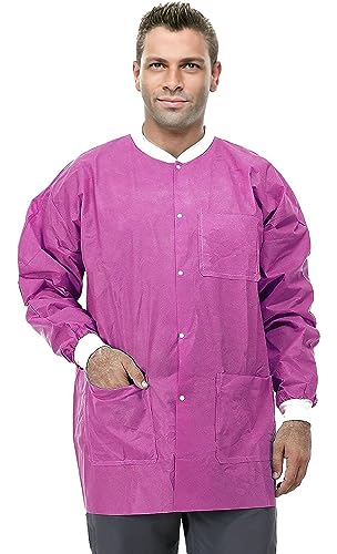 VASTMED 10PCs Dental Grade Disposable Lab Jackets Durable SMS Multiple Layers 45G Hip Length with Pockets & Knit Cuffs Adult