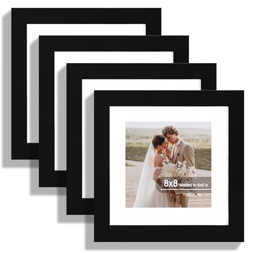 Hongkee 8x8 Picture Frame Set of 4, Real Glass and Wood Frame, 6x6 Mat