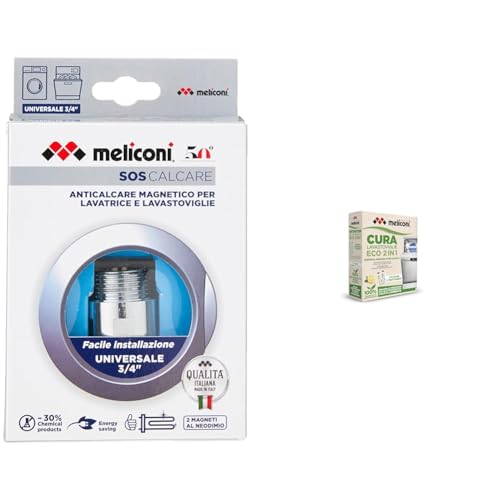 Meliconi SOS Calcare, Filtro Anticalcare per Lavatrice o Lavastoviglie, Anticalcare Magnetico al Neodimio, Guarnizioni Incluse, Metallo + Melicon, Cura Lavastoviglie Liquido Eco 2 In 1 Green