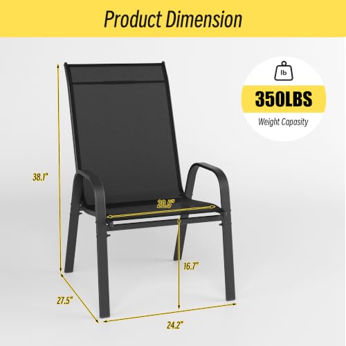 Image of Betterhood Patio Chairs Set of 6, Stackable Outdoor Dining Chairs Set with Breathable Seat Fabric, All-Weather Powder-Coated Metal Frame for Pool Side, Backyard, 350LBS Capacity (Black, Set of 6)