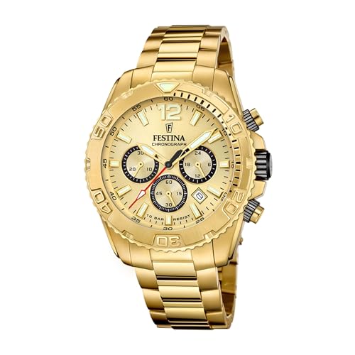Festina Reloj Hombre Analógico de Acero Inoxidable 316l Dorado - Movimiento de Cuarzo - Cronógrafo - Calendario - Cristal Mineral Resistente - Resistente al Agua 10 ATM F20684/1 Timeless Chronograph
