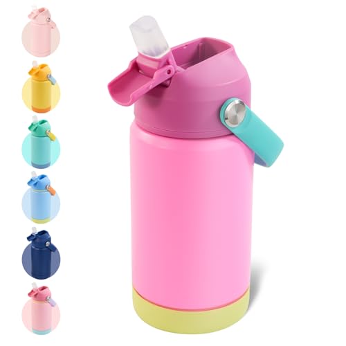 Kerilyn 12oz Kids Water Bottle, Stainless Steel Insulated Water Bottle for Kids, Toddler Cup with Straws Leak-Proof, Kids Water Bottles for School Boys Girls, BPA Free, Rose Red