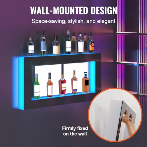 Image of VEVOR LED Lighted Liquor Bottle Display Shelf, Square 48 Inches, Supports USB,Illuminated Home Bar Shelf w /RF Remote & App Control 7 Static Colors 1-4 H Timing, Acrylic Wall-Mounted Shelf