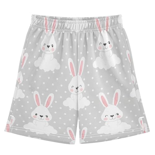 Cute Rabbits and Clouds Athletic Shorts with Zipper Pockets, Youth Boys Athletic Running Shorts for Summer