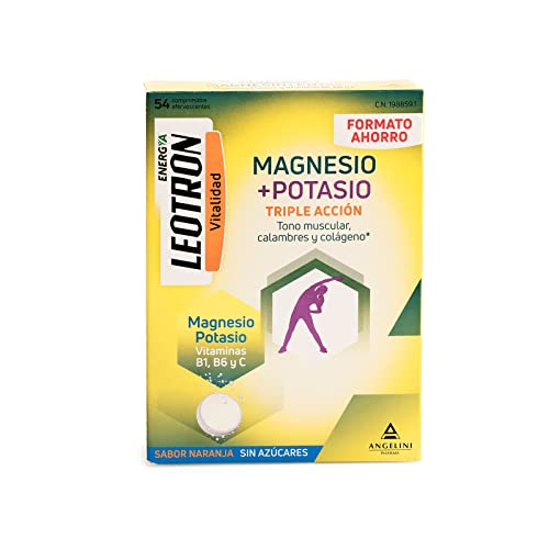 LEOTRON Magnesio + Potasio - Triple acción: Tono muscular, calambres y colágeno - Agradable sabor a naranja - A partir de 12 años - 54 comprimidos efervescentes