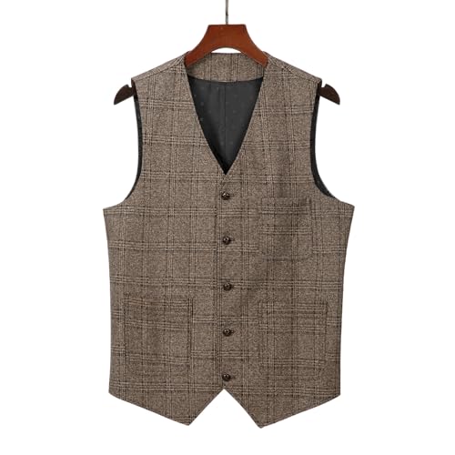 Mens Vintage Suit Vest Plaid Tweed Regular Fit Waistcoat for Wedding Groomsmen3