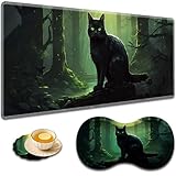 大型ゲームマウスパッド + 手首サポートパッド + コーヒーコースター、縫い目のエッジ付きデスクパッド、滑り止めセットパッド オフィスワークや自宅に最適 - 黒猫グリーンフォレスト