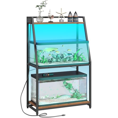 HOOBRO 20-29 Gallon Fish Tank Stand with Power Outlets and LED Light, Heavy Duty Aquarium Stand, Metal Frame Reptile Turtle Tank Stand, 33.1'' L x 15.7'' W, 300 LBS Capacity, Rustic Brown BF41UDFT01