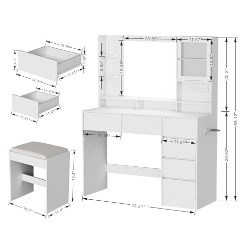 Image of Vanity Desk with Mirror and Lights, 43.3 inch Makeup Vanity Table with 6 Drawers and 3 Storage Shelves, Power Outlet & Stool, 3 Lighting Modes Adjustable Brightness, Dressing Table for Bedroom (White)