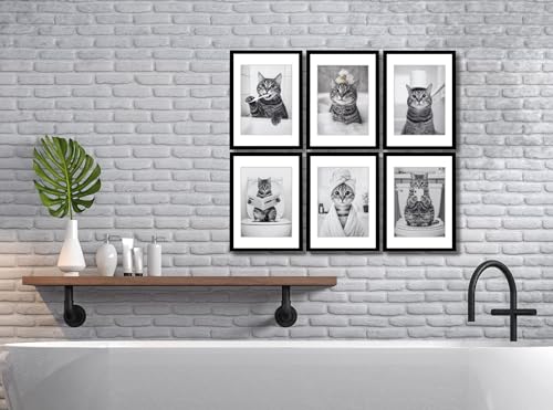 Image of Mira Mest Framed Bathroom Wall Decor | Funny Quotes & Cute Animal Art Prints | Quirky Toilet Signs & Guest Bath Decorations | Minimalist Black & White Washroom Signs | Ready to Hang Toilet Humor for Home & Powder Room (Bath Cat Combo)