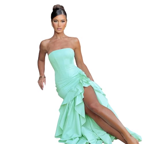 Image of Women's Sexy Strapless Backless High Split Long Maxi Dress Ruched Off Shoulder Sleeveless Bodycon Party Cocktail Dresses