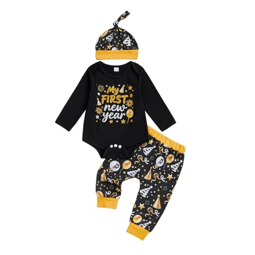 Eurvoku My First New Year Baby Boy Outfit Newborn Letter Print Long Sleeve Romper Top Balloon Pants with Hat 3 Piece Sets (A-Black 0-3 Months)