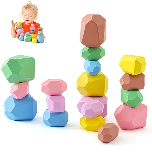 Promise Babe Holz Stapeln Spielzeug Balancier Steine Waldorf Natur Holzbausteine Regenbogen Holz stapeln Stein Montessori Holzspielzeug (Set Five)