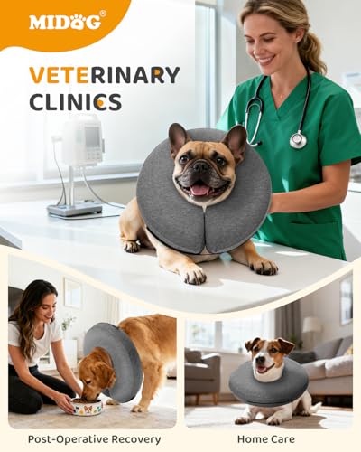 Image of MIDOG Inflatable Dog Cone, Soft Donut Recovery Collar Alternative After Surgery to Help Prevent Licking, Comfy E Collar with Neck Pillow Design, Grey, M+