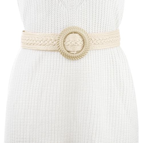 Women's Vintage Round Buckle Woven Belts Boho Waist Belt for Dress4