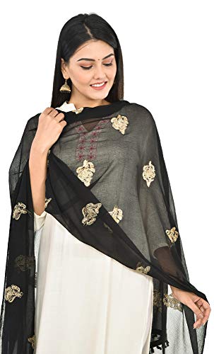 Image of YOUTHQUAKE Golden Patti Embroidered Work Chiffon Dupatta for Womens & Girls with Jaalar Lace