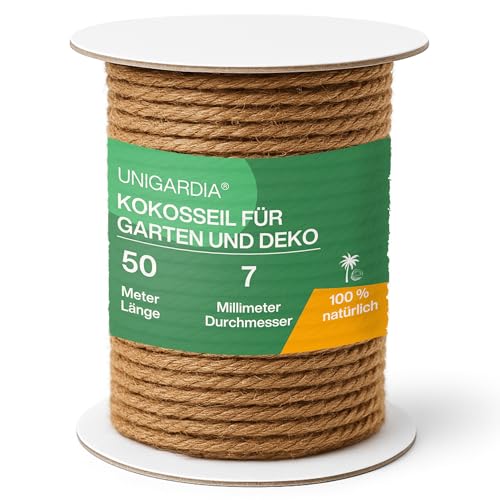 UNIGARDIA Kokosseil für Pflanzen 50 m - Kokosstrick für Bäume 7 mm - Kokosschnur als Baumbinder Rankhilfe Gartenschnur - 100% Naturband für Dekoration & Kokosfaser für Kratzbäume