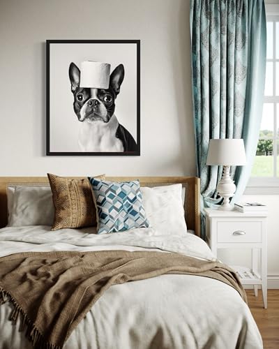 Image of Boston Terrier Funny Bathroom Black Framed Wall Art Print Poster, Dog Pet Lover Picture Painting Artwork Bedroom Living Room Office Dining Room 150D (Boston Terrier Funny Bathroom, 10 inchL x 8 inchW, Black Frame)