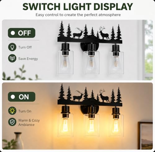 Image of Rustic Bathroom Light Fixtures, 3-Light Farmhouse Vanity Lamp with Deer Design and Clear Glass Shade, Black Wall Lighting for Bathroom, Hallway, Kitchen, Porch