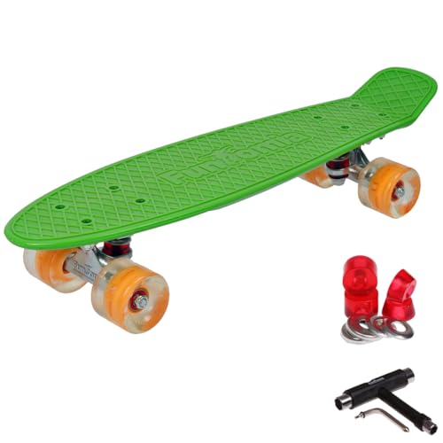 FunTomia 57cm Mini-Cruiser Board Skateboard mit oder ohne LED Leuchtrollen inkl. Aluminium Truck, ABEC-9 Kugellager und T-Tool (Grün mit orange LED Rollen)