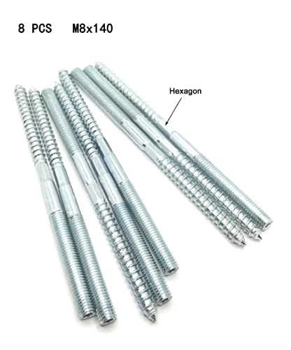 Image of Hanger Bolt M8x140 Silvery Double Headed Bolt Self-Tapping Screw with Hexagon for Furniture 8Pcs
