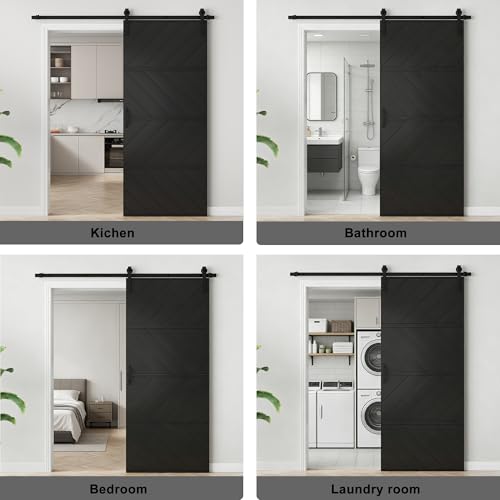 Image of 42 inchx84 inch Black Barn Door with 7FT Sliding Door Kit & Handle & Floor Guide | Pre-Drill Holes Easy Assembly & Install Required, Solid Core Wood Sliding Barn Door for Water-Resistant & Sound Reduction