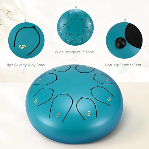Image of Bawy Steel Tongue Drum 8 notes 6 inch | Handpan Drum | percussion instruments | Musical Instrument for Meditation, Yoga & Kids | Easy to Play | Includes Drumsticks, Carry Bag & Music Book. (Blue)