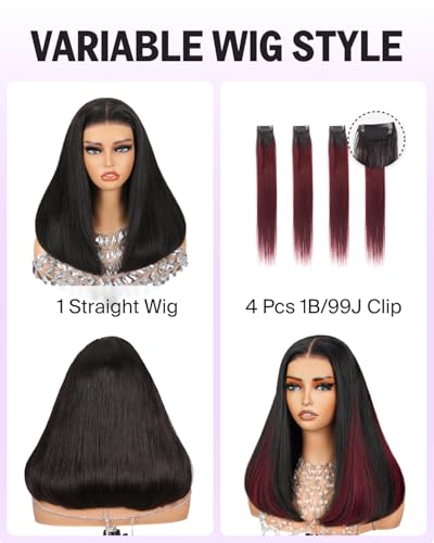 MEGALOOK 6x5 Bob Wig Human Hair With 4 Pcs 1B/99J Clip in Hair Extension Wear Go Glueless Wig Real Pre Cut HD Lace Pre Bleached Tiny Knots Straight Bob Human Hair Wigs for Women 12 Inch - Image 2