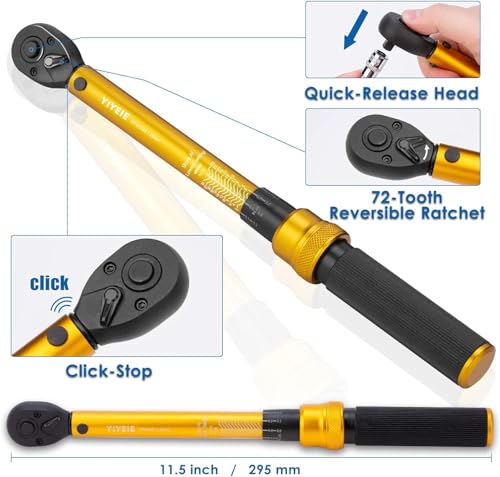 YIYEIE 1/4 Inch Drive Bike Torque Wrench, 1-25 Nm (10-222.5 in.lb), 27 PCS Click Bicycle Torque Wrench with Bit Sockets, 0.1 Nm Micro, 72-Tooth Ratchet, 3/8 Adapter, for MTB, E-Bike, Motorcycle