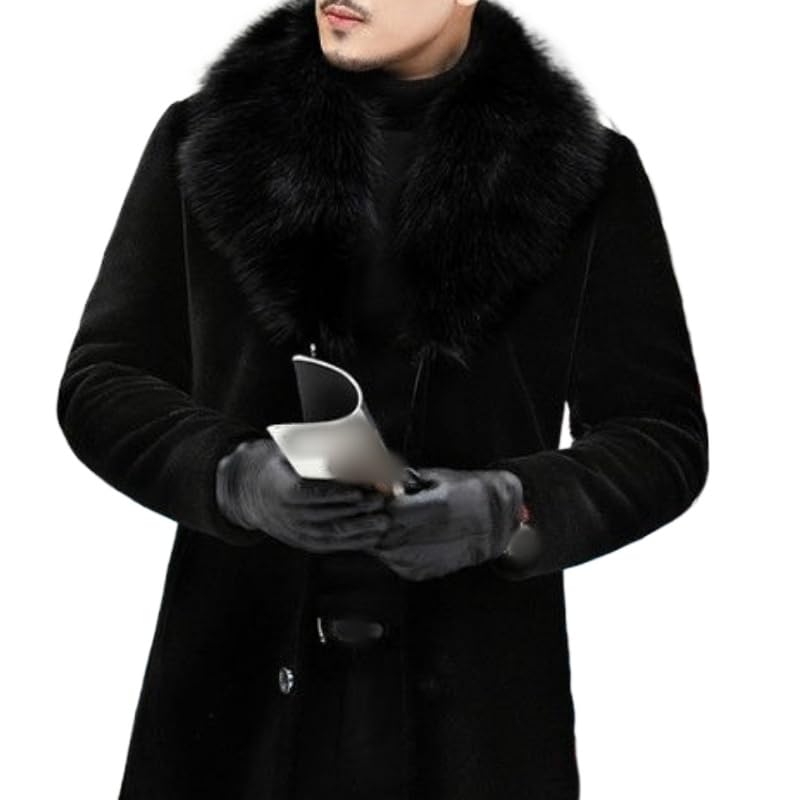 Mens Fur Collar Trench Coat Winter Casual Single Breasted Overcoat Classic Wool Blend Business Peacoat