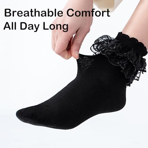 NiceBaby 3 Pairs Adult Ruffle Socks for Women, Double Lace Cute Frilly Socks, Women's Cotton Ankle Socks Size 9-114