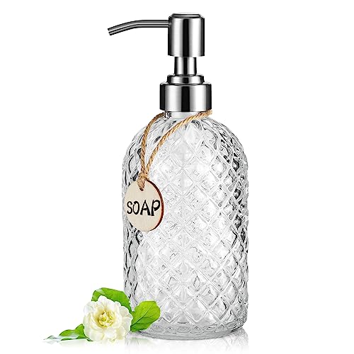 MOCLIF Dispensador de jabón transparente de 16 onzas con bomba de acero inoxidable 304 para baño, cocina, dispensador de jabón, dispensador de jabón de vidrio líquido recargable para jabón de manos,