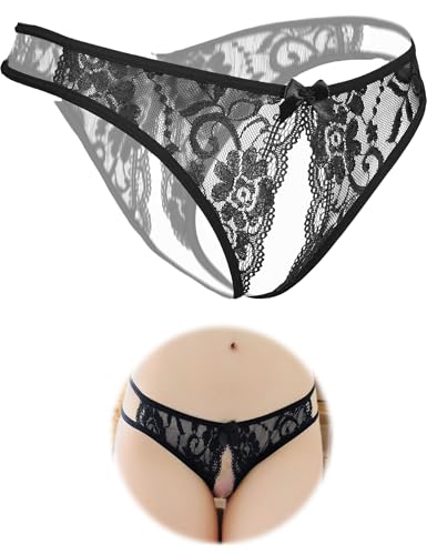 FULLJOYLOVE Damen Tangas Sexy Tanga Metallic Micro Mini Bikini Panties Einteiler Sexy Dessous mit öffnung Ouvert Höschen Schwarz M