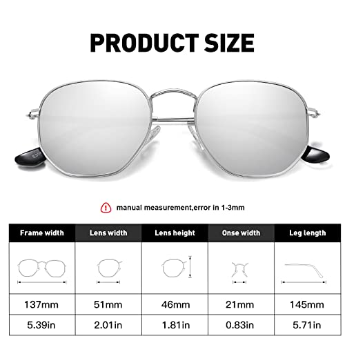Polarized Hexagon Sunglasses for Women Men Metal Frame Square Small Polygon Sun Glasses UV400 Protection (A) Silver-Silver Mirror Lens4