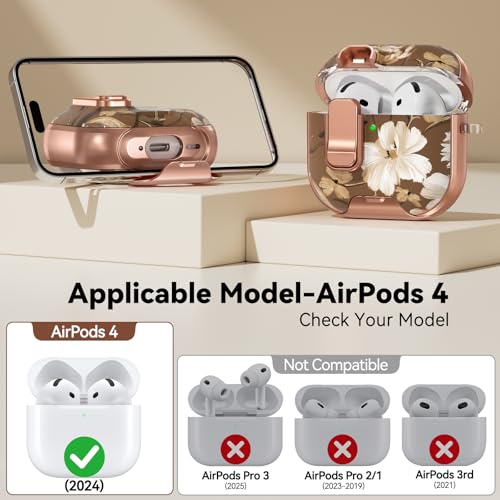 Image of for AirPod 4 Case, with Safty Lock & Phone Stand for Floral AirPod 4 Generation Case Cover for Women Girly, iPod 4 Cases with Keychain & Cleaner Kit -Brown +White Flower