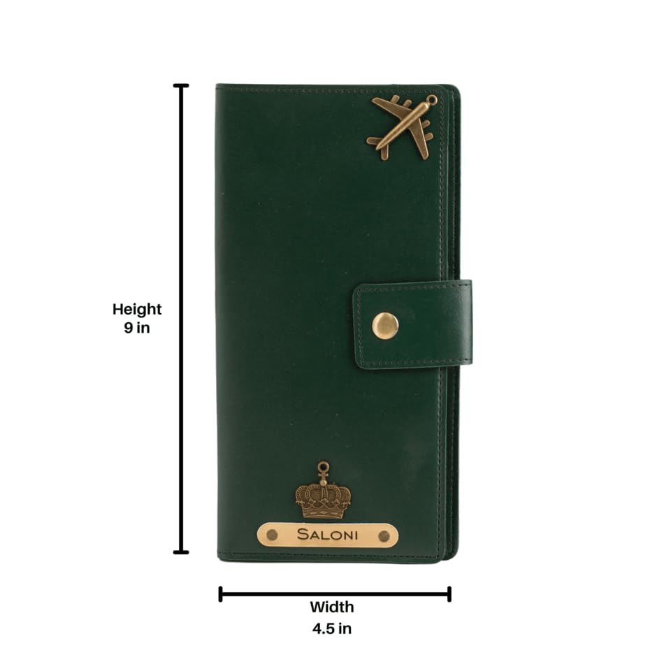 Image of AICA Personalized Name & Charm Long Leather Wallet Passport Cover (Dark Green) with Boarding Pass Currency Card Slot & Coin Holder for Men & Women | Travel Office Trip Gifts for Men Women Friends