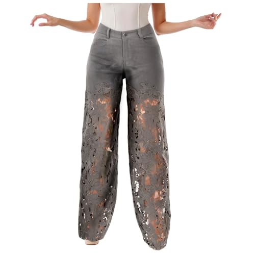 Women High Waisted Jeans Straight Leg Denim Pants Causal Patchwork Jean Denim Pant with Lace Fashion Trouser with Pockets