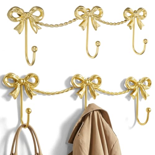 Kegeeei 2 Pack Gold Triple Bow Hooks, Metal Cute Wall Mount Coat and Towel Hooks Door Hanger Holder for Bathroom, Bedroom, Nursery, Kitchen Decor, 14 x 4.5 Inch