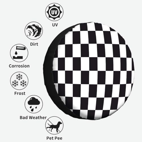 Image of Checkered Racing Flag Spare Tire Cover Black and White Symbolic Design of End of Car Race Polyester Universal Wheel Tire Cover for Trailer Camping Weatherproof for Rv SUV Truck Camper Travel 17 inch