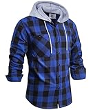 Mens Hooded Flannel Shirts Long Sleeve Western Shirts Button Down Casual Plaid Flannel Hoodie Regular Fit Blue Plaid Shirt for Men