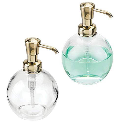 mDesign Round Glass Refillable Liquid Soap Dispenser Pump Bottle for Bathroom Vanity Countertop, Kitchen Sink - Holds Hand Soap, Dish Soap, Hand Sanitizer, Essential Oils - 2 Pack - Clear/Soft Brass
