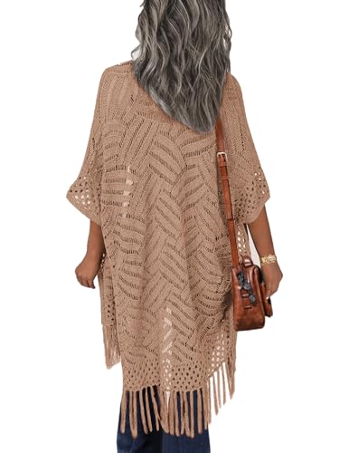Image of HOTOUCH Womens Knit Cardigan Open Front Outwear Hollow Out Crochet Tassel Lightweight Kimonos Sweater S-XXL