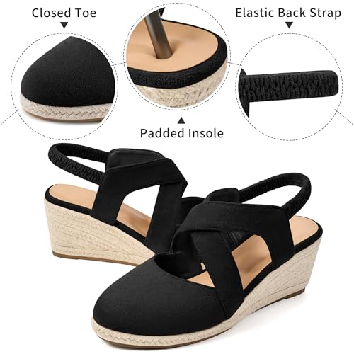 Image of HARENCE Espadrilles Wedge Sandals for Women: Comfortable Closed Toe Ankle Strap Elastic Shoes Summer Dressy Platform Heels