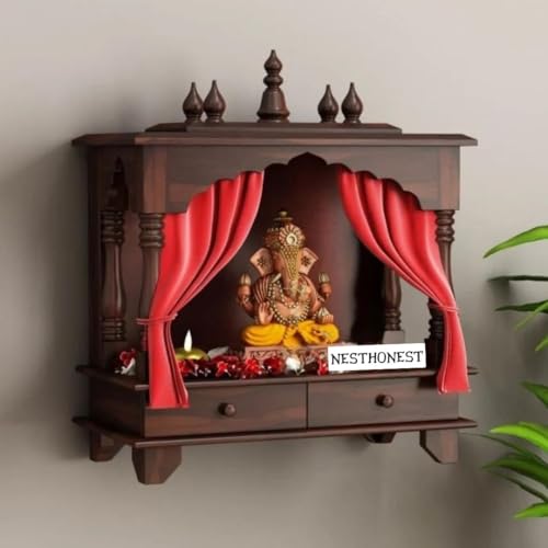 Image of Wall Mounted Solid Sheesham Wood Puja Mandir for Home Solid Wooden Temple for Puja Room with 2 Drawer Storage Pooja Ghar Wooden Furniture for Pooja Room Sheesham Wood, Walnut Finish (2 Drawers)