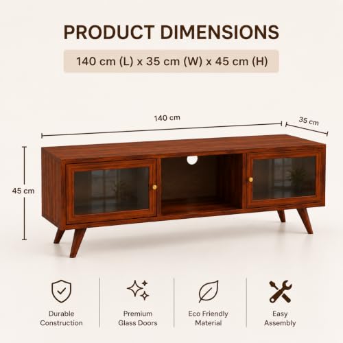 Image of The Attic Janah TV Cabinet, Solid Wood Sideboard TV Cabinet for Living Room, Wooden Free Standing TV Unit Side Board Table with Storage, Honey Finish Glass