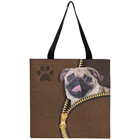 Ynbuyouzhong Canvas Tote Bag Pug Zip Leather Canvas Bag White One Size Cover
