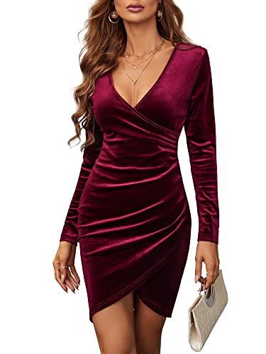 JECEIKA Velvet Dress for Women Wrap V Neck Long Sleeve Ruched Midi Dresses for Cocktail Evening Party New Years Eve Dress Valentines Dress Red Wine JC225-2-L