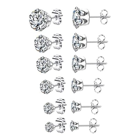 KALVICA 6 Pairs Silver Stud Earrings for Women Men Girls Small Cubic Zirconia Stud Earrings Simulated Diamond Earrings Set for Multiple Piercings Hypoallergenic Cartilage Studs 3-8MM Cover