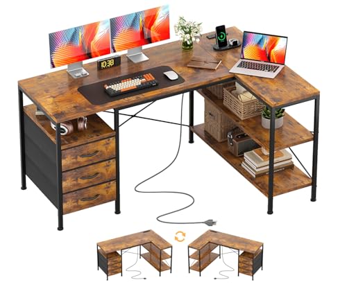 CAIYUN 120cm Corner Desk with Drawers Reversible L shaped Computer Desk with Power Outlet Home Office Desk with USB Charging Port Rustic Brown