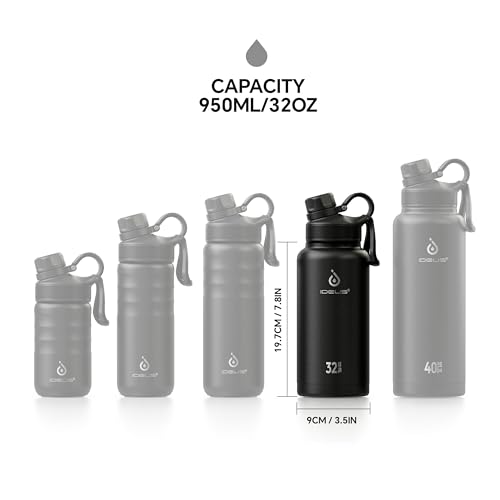 Image of IDEUS Vacuum Insulated Water Bottle, Stainless Steel Double Wall Flask Metal Sports Canteen with Leak-Proof Screw Cap (Black, 32oz (950ml))